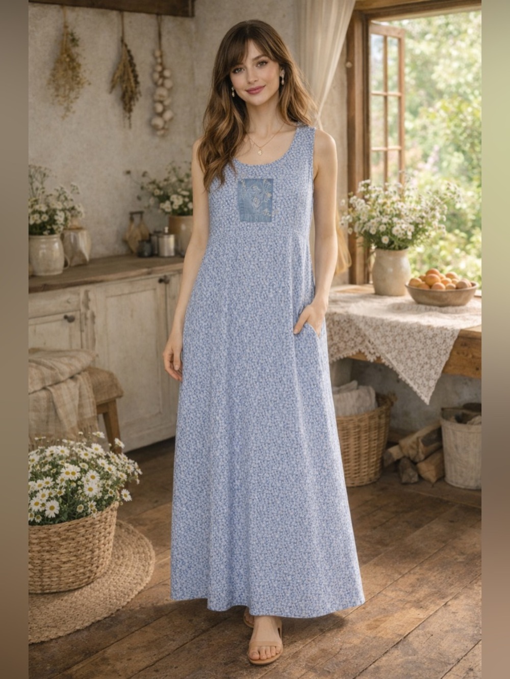Northern Isles Vintage Blue Ditsy Floral Summer Maxi Dress Size 8
